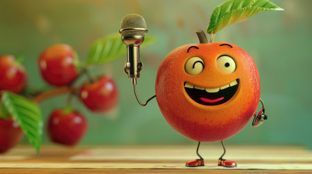 A joyful cartoon miracle fruit with a big smile, holding a tiny microphone.の素材