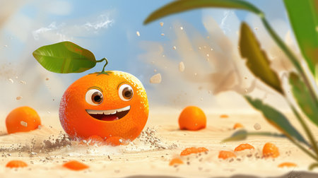 A cheerful cartoon clementine with a happy expression, playing in the sand.の素材