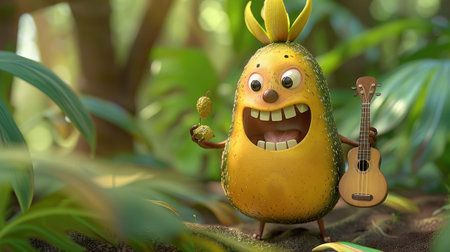 A cute cartoon ackee with a wide grin, holding a miniature guitar.の素材