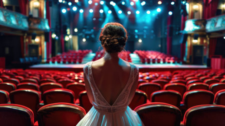 Dramatic Allure: Stunning Woman Captivated by the Theater: Behold the captivating allure of theater as a stunning woman becomes enchanted by the drama unfolding before her, a moment of theatrical magicの素材