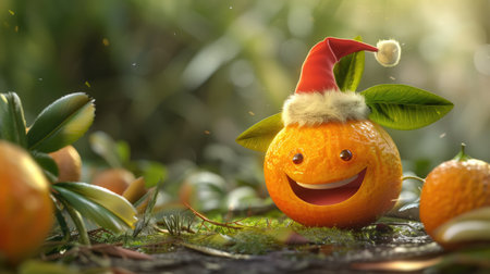 A smiling cartoon kumquat with a wide grin, wearing a festive hat.の素材