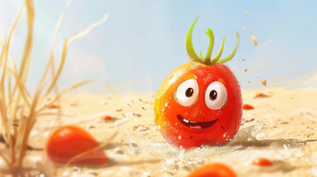 A happy cartoon goji berry with a joyful face, playing in the sand.の素材