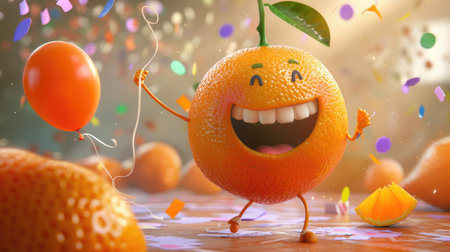 A joyful cartoon orange with a bright smile, holding a small balloon and enjoying a party.の素材