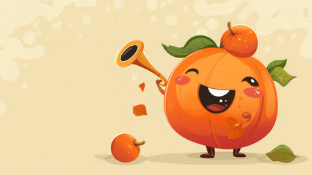A cute cartoon persimmon with a wide grin, blowing a party horn.の素材