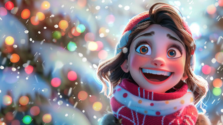A joyful cartoon date with a big smile, wearing a festive scarf.の素材