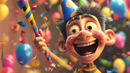 A happy cartoon langsat with a joyful face, blowing a party horn.の素材