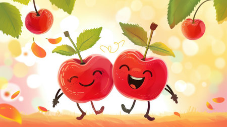 A smiling cartoon cherry pair, holding hands and laughing together.の素材