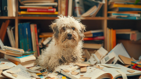 Creative portrayal of a fluffy dog amidst a chaotic scene of chewed-up textbooks and school supplies, embodying the age-old homework mishapの素材
