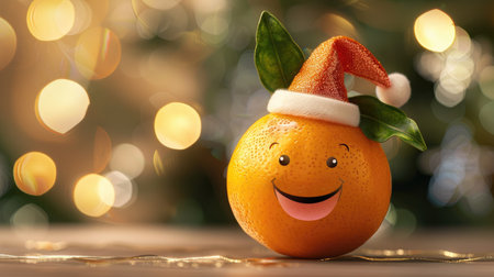 A smiling cartoon kumquat with a wide grin, wearing a festive hat.の素材