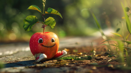 Cute apple with a smiling face and little sneakers dashing along a winding road, showcasing a fun and lively scene of a fruit in motionの素材