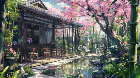 Detailed anime drawing of a tranquil izakaya garden, where guests relax under bamboo shades amidst cherry blossom treesの素材