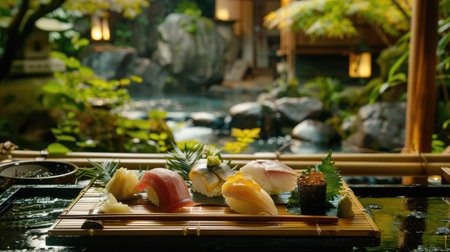 Expensive sushi delicacies, including uni and toro, beautifully presented on a bamboo tray with a backdrop of traditional Japanese decorの素材