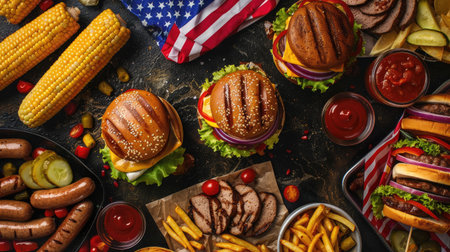 Festive BBQ scene with grilled burgers, hot dogs, and corn on the cob, adorned with American flags for a patriotic celebrationの素材