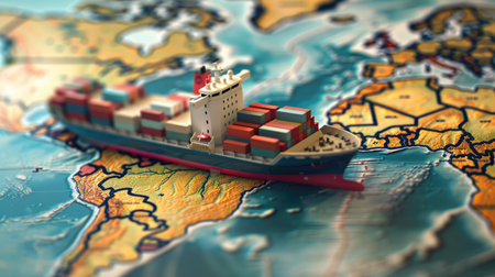 Model of a container ship on a world map, representing global transportation and trade, with space for text or copyの素材