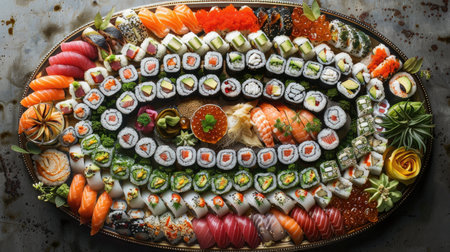 Enormous Sushi platter: Behold a colossal sushi platter overflowing with a variety of delicacies, from sashimi to maki rolls, a feast fit for a grand celebration.の素材