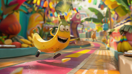 Happy banana with cartoon arms and legs, racing down a colorful road, capturing the joy and energy of a lively fruit character in actionの素材