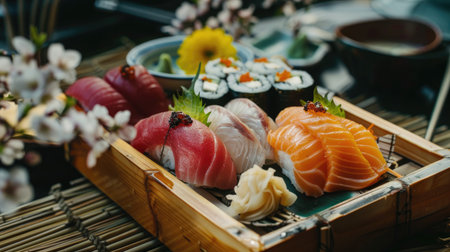 Expensive sushi delicacies, including uni and toro, beautifully presented on a bamboo tray with a backdrop of traditional Japanese decorの素材
