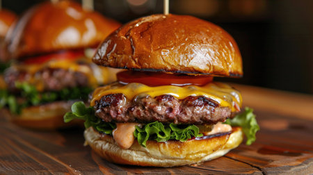 Gourmet burgers topped with melted cheese and fresh lettuce on a rustic wooden tableの素材
