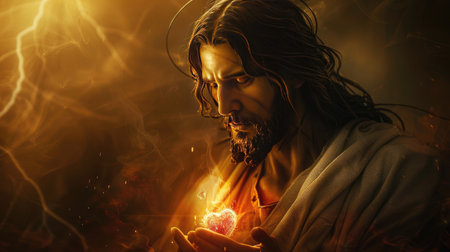 Redeeming Love: Jesus Christ and the Sacred Heart: Experience the essence of redemption with a poignant portrayal of Jesus Christ and the sacred heart, embodying eternal love and forgiveness.の素材