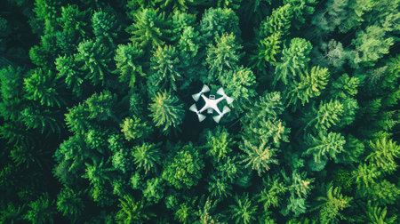 Aerial view of a drone soaring over a vibrant green forest, showcasing summer landscapes and natural beauty.の素材