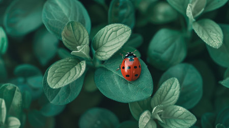 Closeup of a cute ladybug on green leaves, embodying the essence of wildlife and the beauty of nature photography.の素材