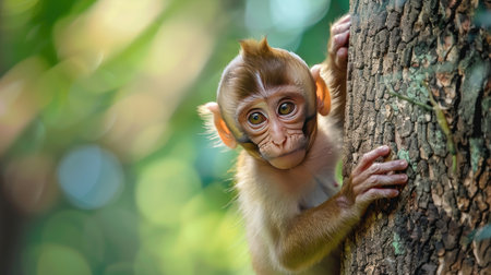 Adorable baby monkey, standing on tree, forest wildlife, playful portraitの素材