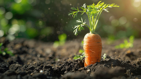 Closeup of a carrot plant in garden soil, symbolizing the importance of organic farming and sustainable practices.の素材