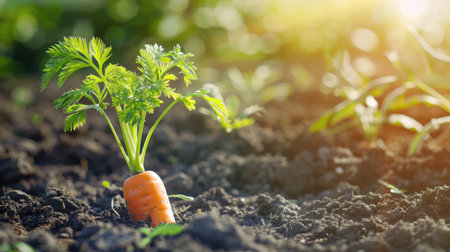 Closeup of a carrot plant growing in rich garden soil, emphasizing organic agriculture and healthy harvesting practices.の素材