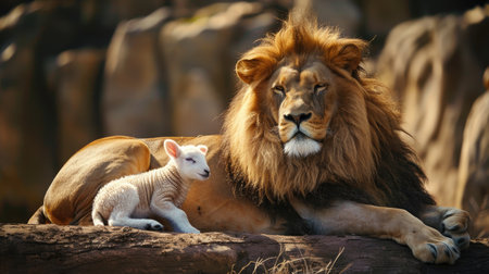 Christian faith: lion and lamb together, outdoors setting, Lamb of God symbolism.の素材