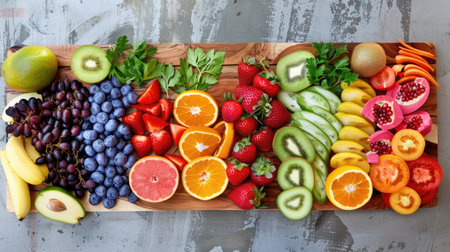 Colorful variety of fruits and vegetables laid out on wooden boards, emphasizing the importance of healthy nutrition.の素材