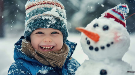 Child's joyful smile by snowman, closeup view, winter funの素材