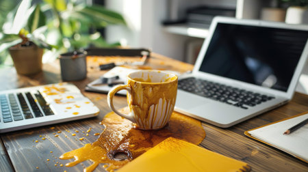 An office scene featuring a spilled coffee mug on a laptop and notebook, capturing the essence of a hectic work environment.の素材