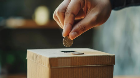 A hand inserting a coin into a donation box, representing the act of kindness and financial support for charitable causesの素材