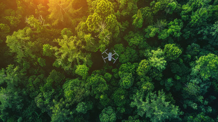 Closeup of a drone flying above lush green forest trees, capturing summer nature's beauty from an aerial perspective.の素材