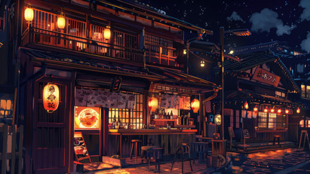 Vibrant anime artwork of a cozy izakaya at night, with traditional noren curtains and warm lantern light welcoming guestsの素材