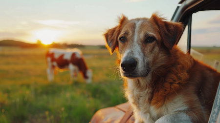 Closeup: pet dog on old car, cows eating grass in the background, countryside vibe.の素材
