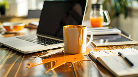 An office scene featuring a spilled coffee mug on a laptop and notebook, capturing the essence of a hectic work environment.の素材