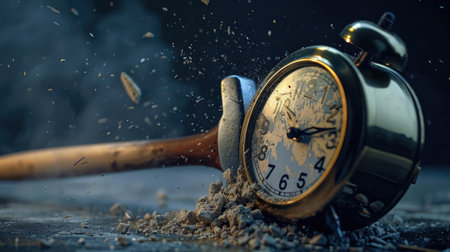 Closeup of a hammer about to break an alarm clock, symbolizing urgency in the race against time for promotions.の素材