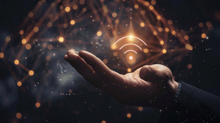 Businessman holding a glowing digital Wi-Fi symbol in his hand, representing wireless data.の素材