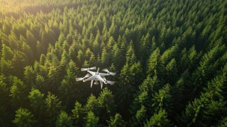 Drone in flight over a dense green forest, presenting an aerial view of summer's breathtaking landscape.の素材