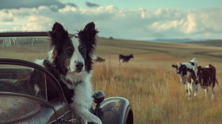 Dog sitting on vintage car, cows grazing in the meadow background, rural countryside scene.の素材