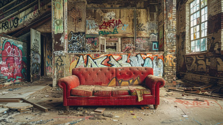 Red sofa in a deserted, graffiti-laden building, capturing the haunting elegance of vintage architectureの素材