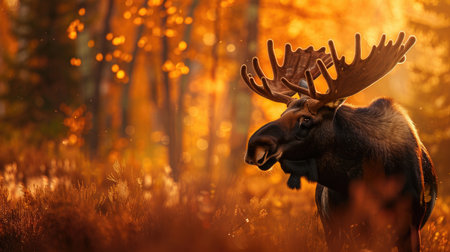 Moose in autumn forest, horns visible, orange nature background, morning lightの素材
