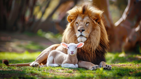 Lion and lamb together outdoors, symbolizing Christian faith, Lamb of God concept.の素材