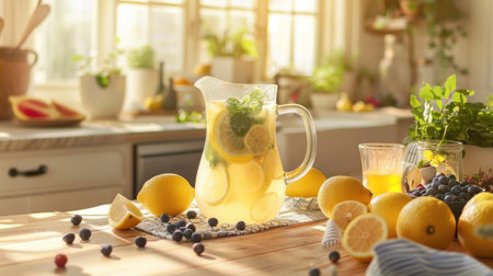 Fresh lemonade displayed in a pitcher on a sunny kitchen table, accompanied by lemons and berries for a refreshing summer touch.の素材