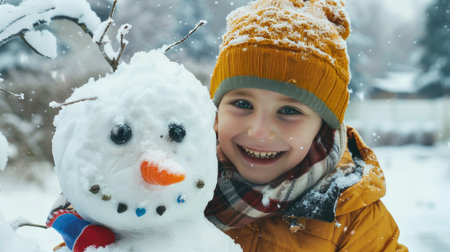 Child's joyful smile by snowman, closeup view, winter funの素材