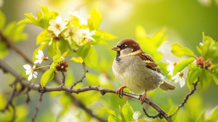 Closeup of a sparrow bird on a vibrant green branch in spring, illustrating wildlife in its natural habitat.の素材