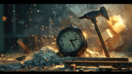 Dramatic scene of a hammer raised above an alarm clock, capturing the essence of urgency and promotional excitement.の素材