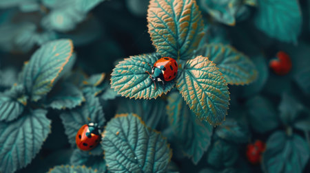 Macro shot of a ladybug resting on vibrant green leaves, capturing the beauty of small wildlife in natureの素材