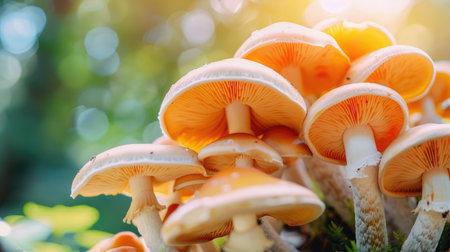 White and orange mushrooms, closeup in forest, healthy organic food, nature.の素材